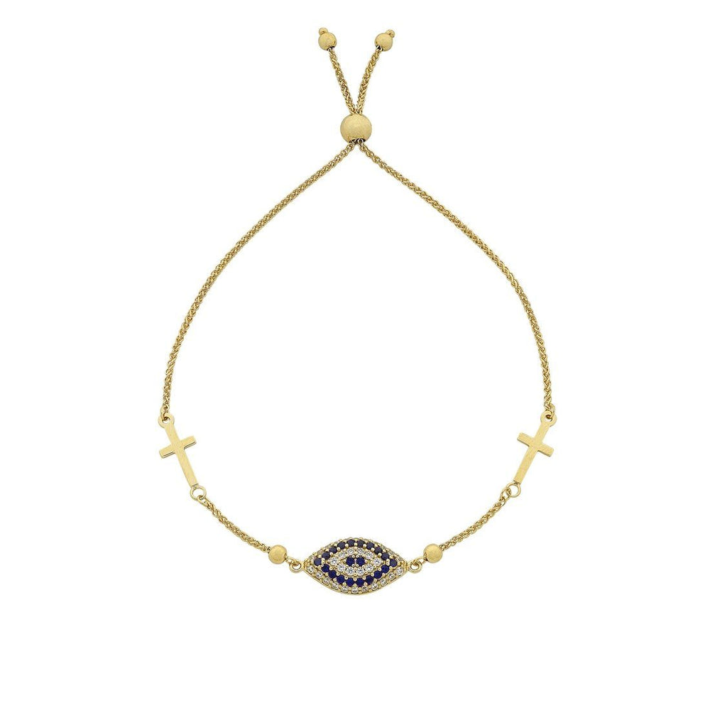 9kt Yellow Gold Silver Infused Evil Eye and Cross Extendable Bracelet