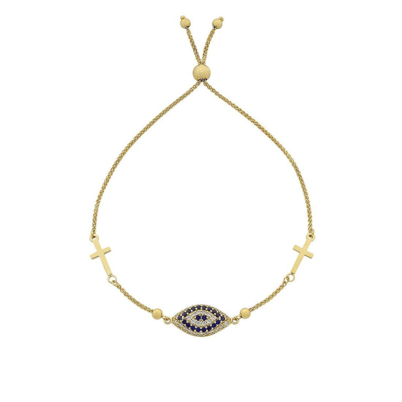 9kt Yellow Gold Silver Infused Evil Eye and Cross Extendable Bracelet