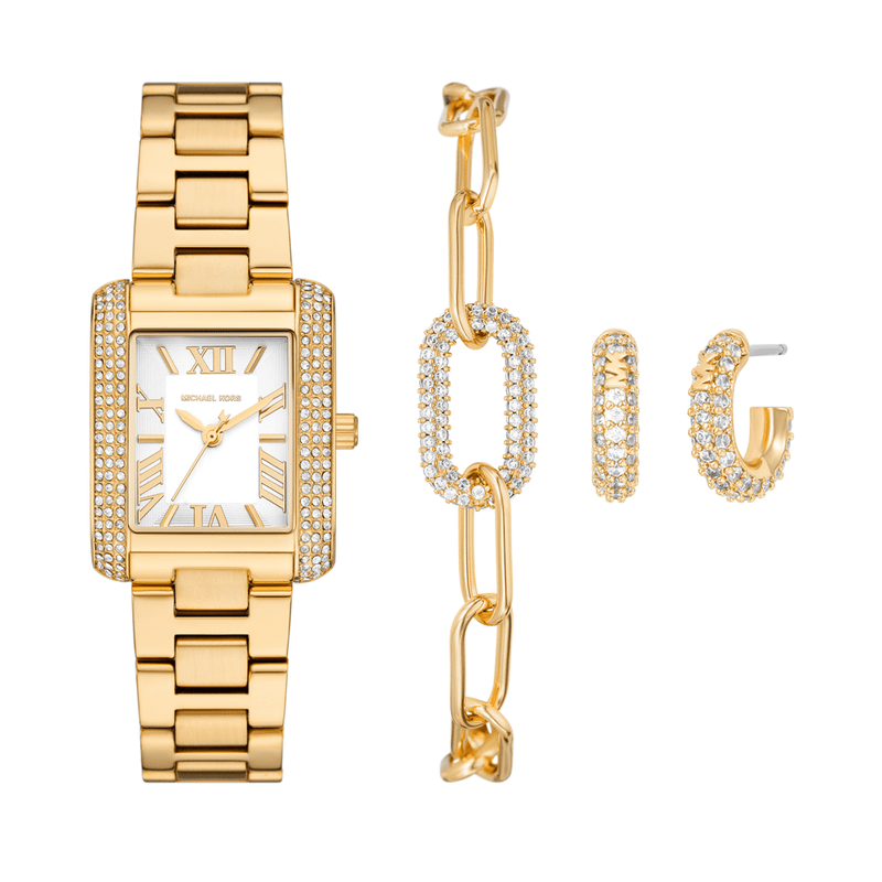Michael Kors Emery Three-Hand Gold-Tone Stainless Steel Watch, Earrings and Bracelet Gift Set MK4837SET