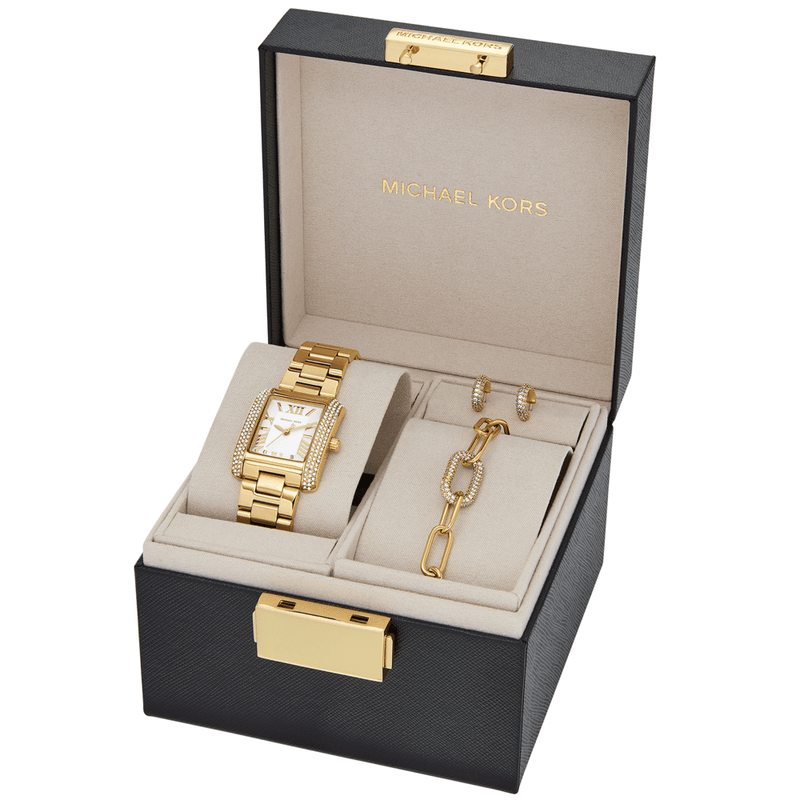 Michael Kors Emery Three-Hand Gold-Tone Stainless Steel Watch, Earrings and Bracelet Gift Set MK4837SET