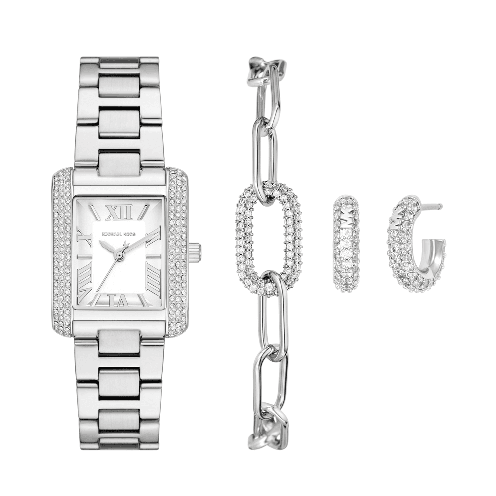 Michael Kors Emery Three-Hand Stainless Steel Watch, Earrings, and Bracelet Gift Set MK4839SET