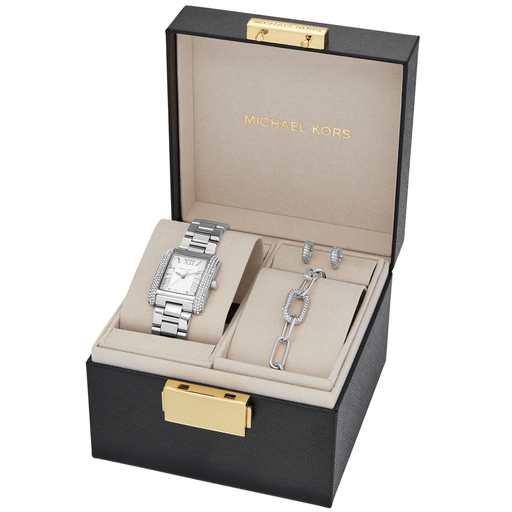 Michael Kors Emery Three-Hand Stainless Steel Watch, Earrings, and Bracelet Gift Set MK4839SET