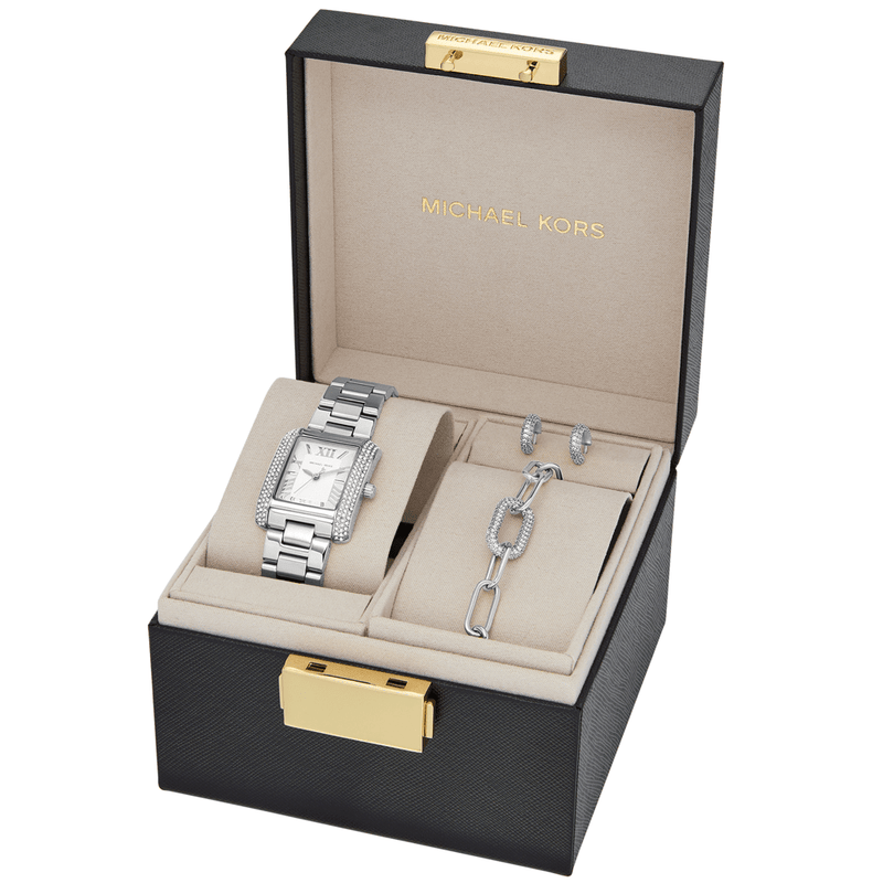 Michael Kors Emery Three-Hand Stainless Steel Watch, Earrings, and Bracelet Gift Set MK4839SET