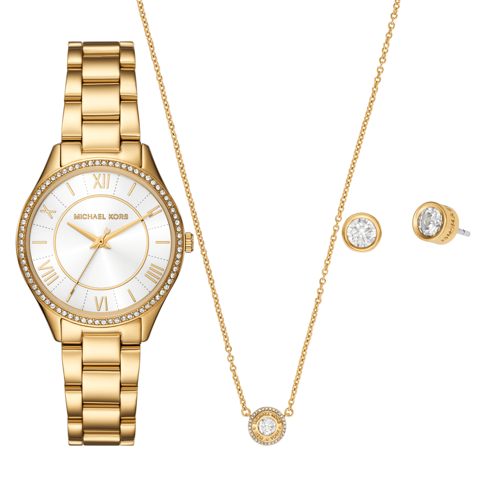 Michael Kors Lauryn Three-Hand Gold-Tone Stainless Steel Watch, Earrings and Necklace Gift Set MK4849SET
