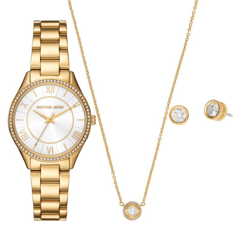 Michael Kors Lauryn Three-Hand Gold-Tone Stainless Steel Watch, Earrings and Necklace Gift Set MK4849SET