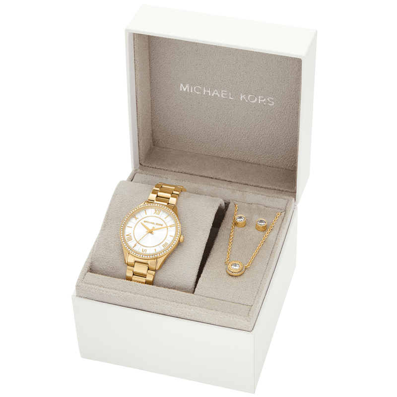 Michael Kors Lauryn Three-Hand Gold-Tone Stainless Steel Watch, Earrings and Necklace Gift Set MK4849SET
