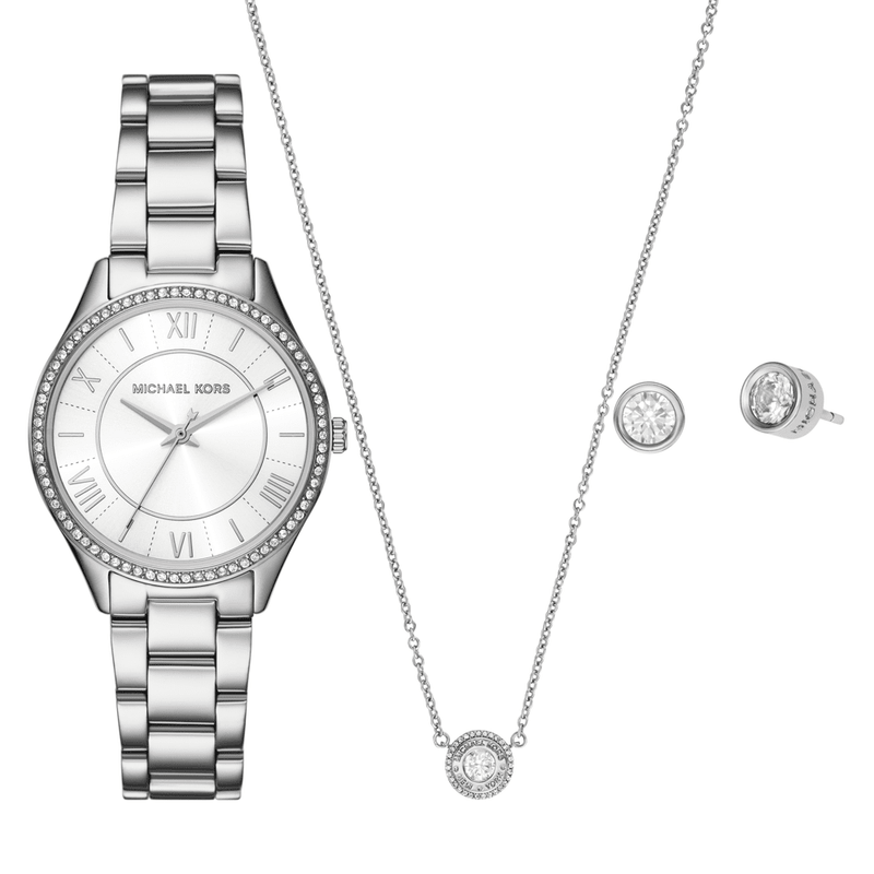 Michael Kors Lauryn Three-Hand Stainless Steel Watch, Earrings and Necklace Gift Set MK4851SET