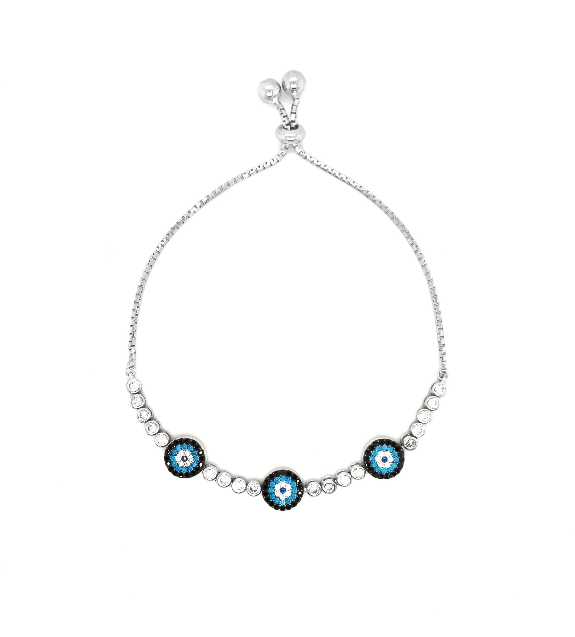 Evil Eye Cubic Zirconia Bolo Bracelet in Sterling Silver