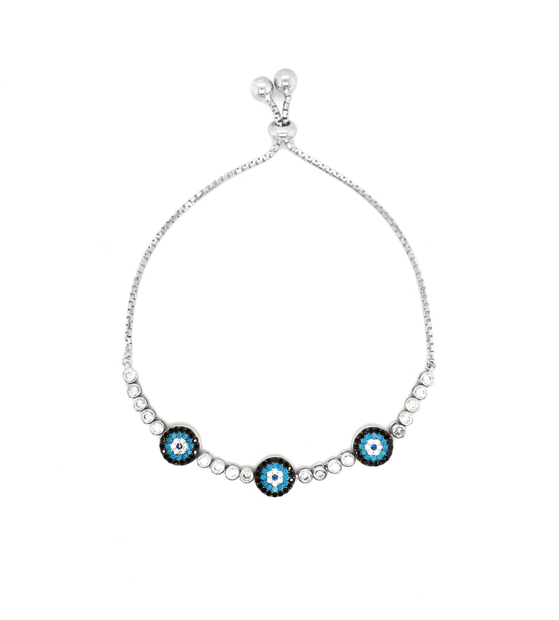 Evil Eye Cubic Zirconia Bolo Bracelet in Sterling Silver