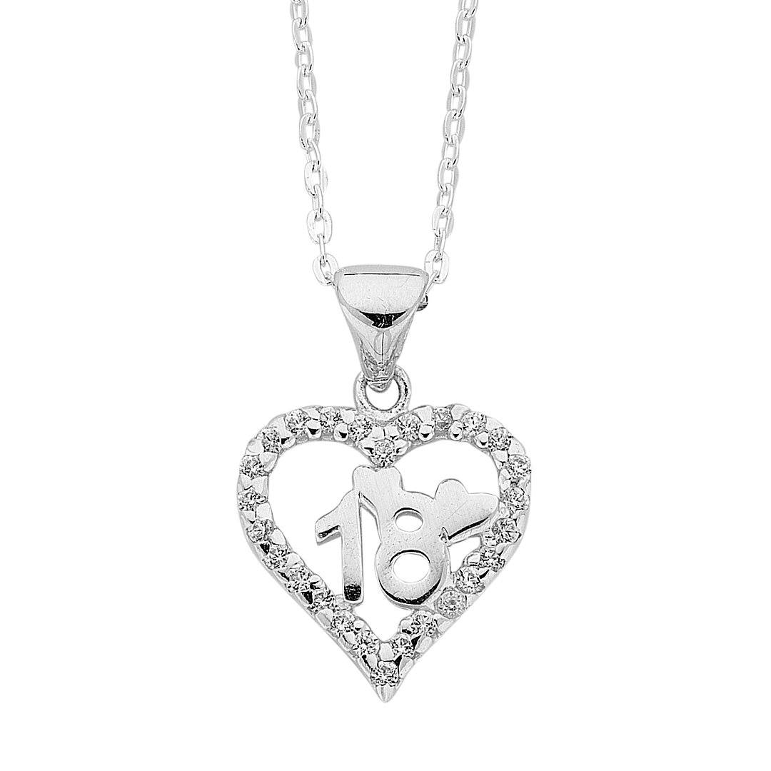 45cm Sterling Silver 18th Birthday Heart Pendant Necklace with Cubic Zirconias