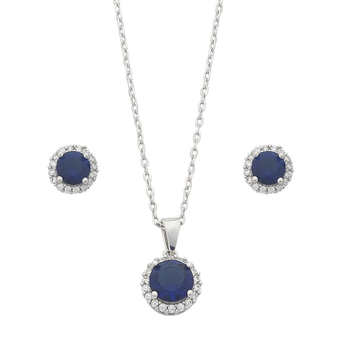 Sterling Silver Sapphire Cubic Zirconia Earrings and Necklace Set