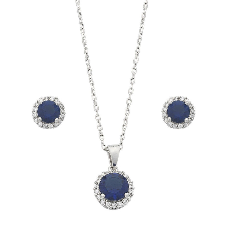 Sterling Silver Sapphire Cubic Zirconia Earrings and Necklace Set