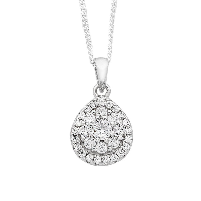 45cm Sterling Silver Cubic Zirconia Pear Halo Necklace