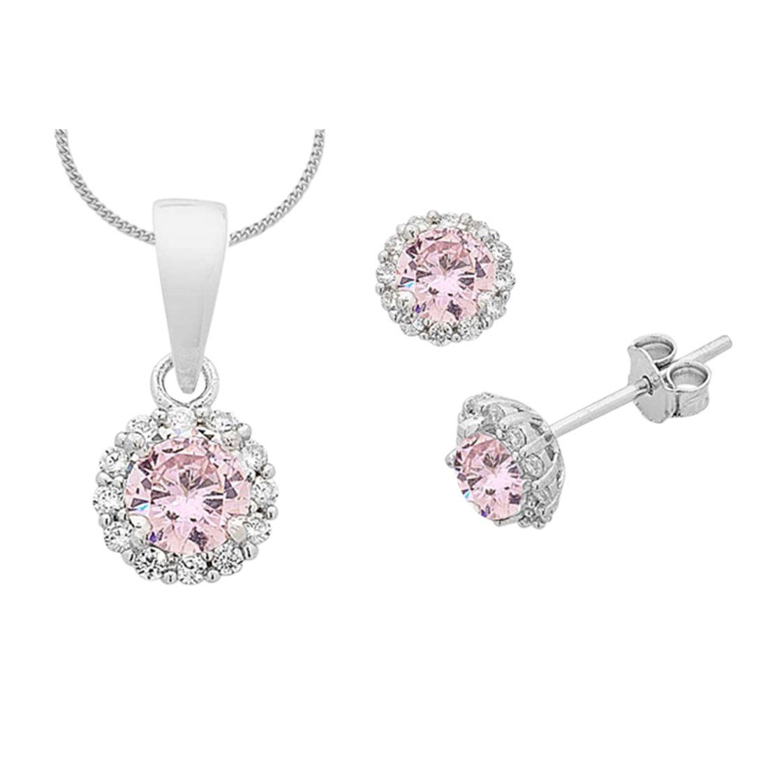 Sterling Silver Pink Cubic Zirconia Necklace and Earrings Set