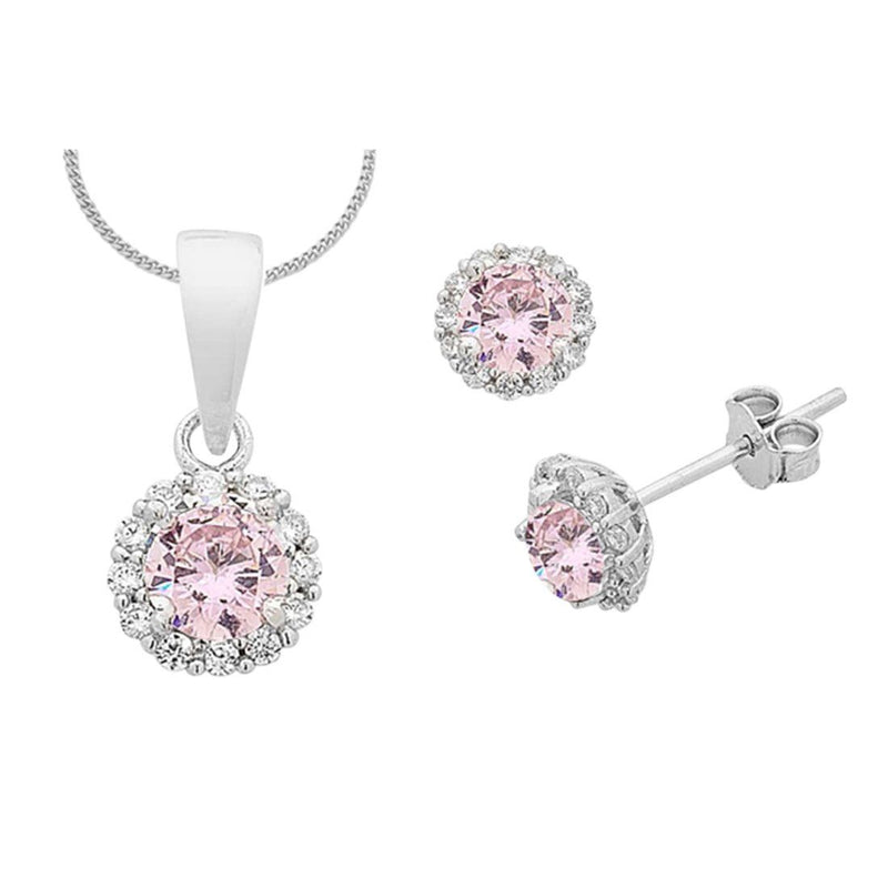 Sterling Silver Pink Cubic Zirconia Necklace and Earrings Set