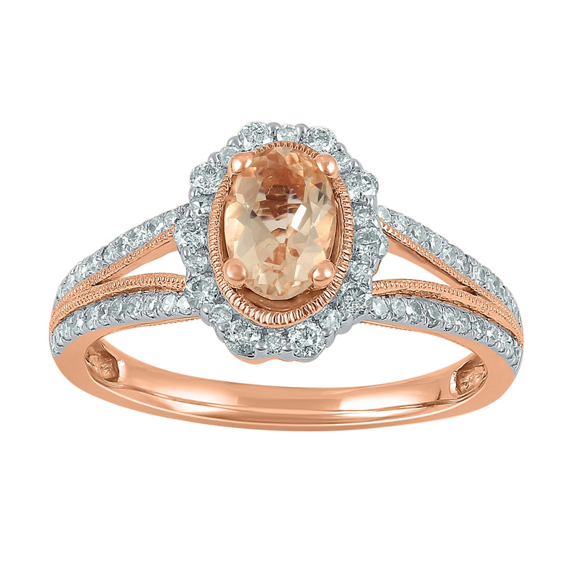 9ct Rose Gold Oval Morganite Ring with 0.42ct of Diamonds
