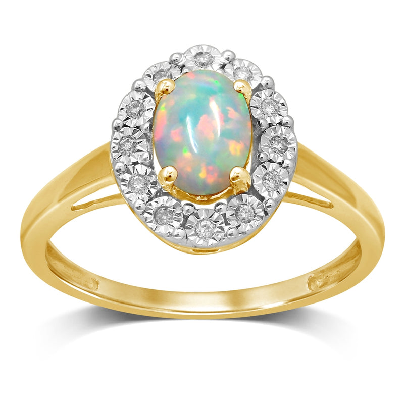 9ct Yellow Gold Created Opal & Diamond Ring