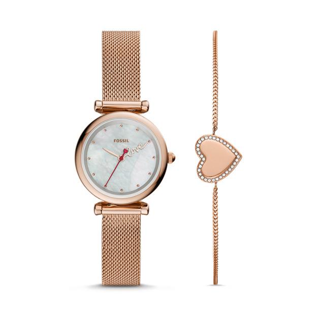 Fossil Carlie Mini Three-Hand Rose Gold Watch & Bracelet Gift Set ES4867SET Watches Fossil 