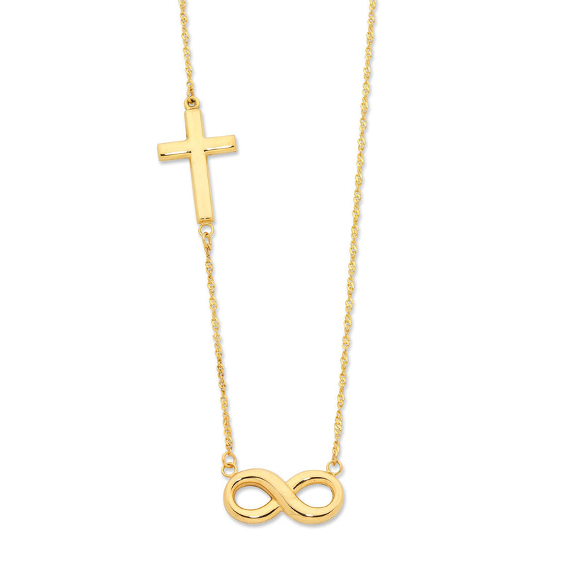 9ct Yellow Gold Silver Infused Infinity & Cross Necklace