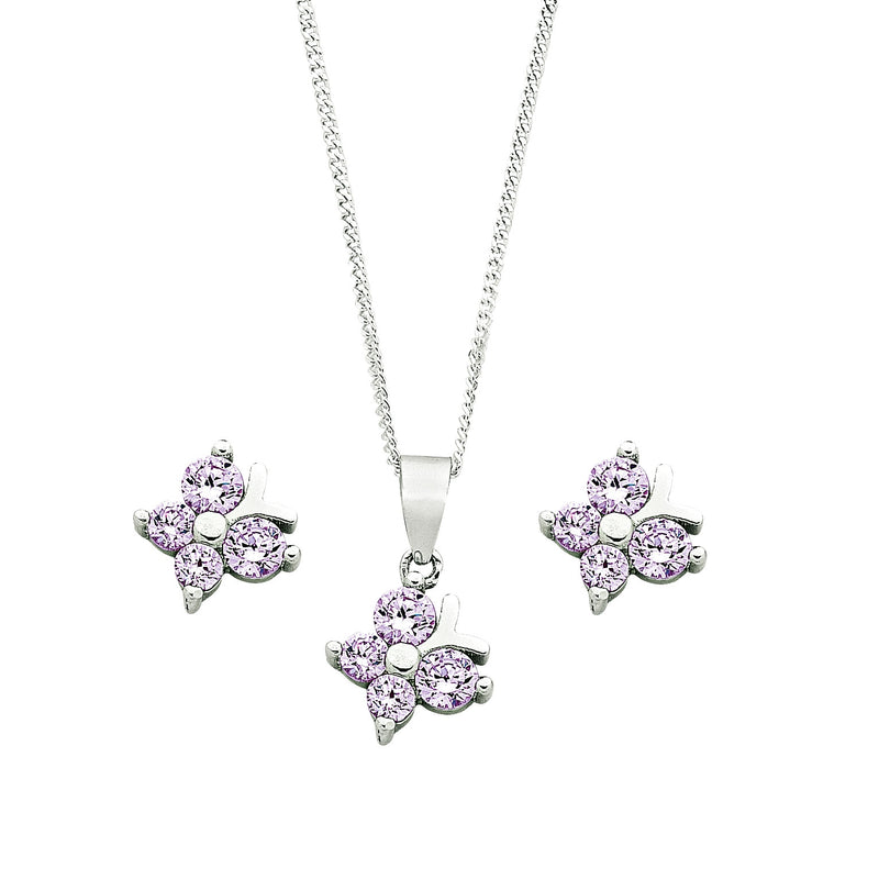 Children's Sterling Silver Purple Butterfly Earring & Necklace Set