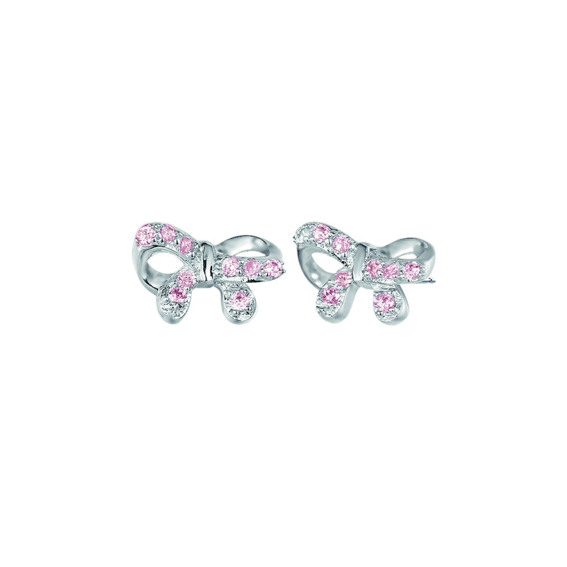 Children's Sterling Silver Pink Cubic Zirconia Bow Earrings