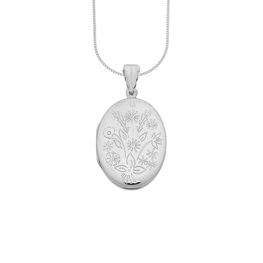 Sterling Silver Flower Engraved Oval Locket Necklace