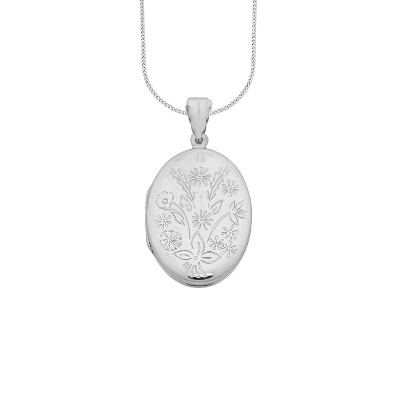 Sterling Silver Flower Engraved Oval Locket Necklace
