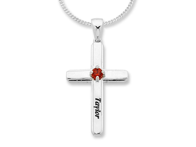 Personalised Sterling Silver Cross Necklace with Birthstone